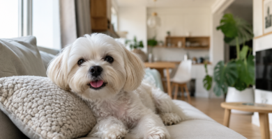 Razas de perro para piso pequeño descansando en el sofá