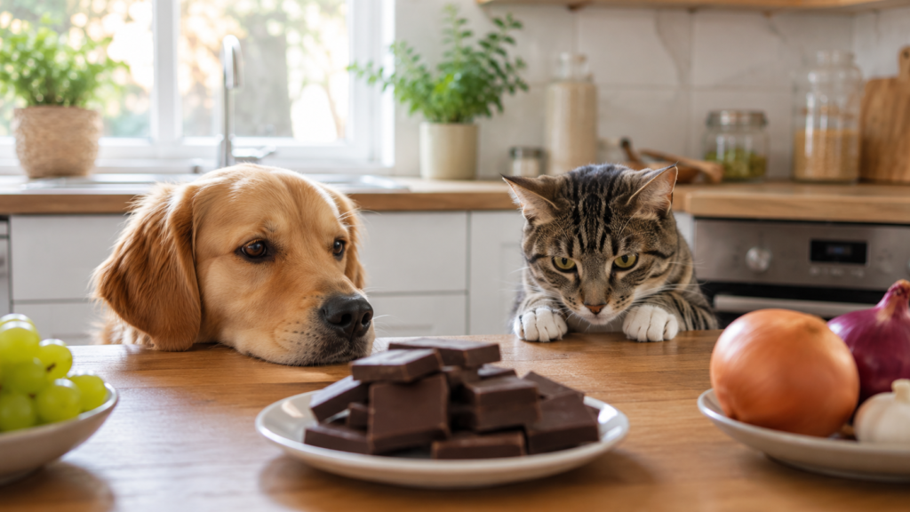 Alimentos tóxicos para perros y gatos sobre una mesa de cocina