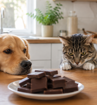 Alimentos tóxicos para perros y gatos sobre una mesa de cocina