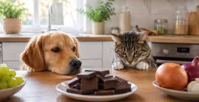 Alimentos tóxicos para perros y gatos sobre una mesa de cocina