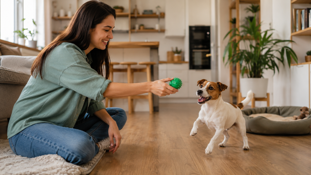 Persona jugando con su perro en un piso pequeño