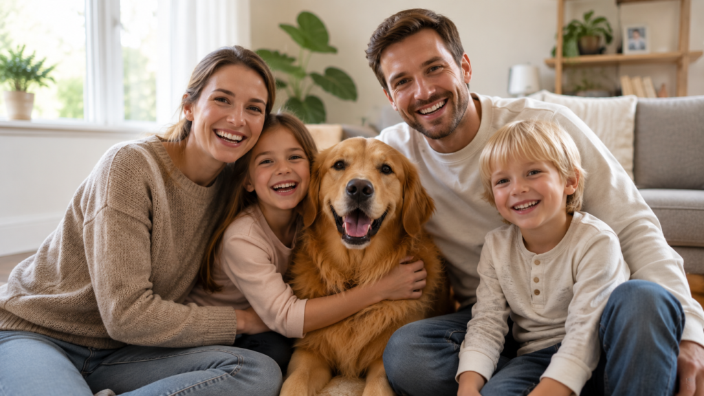 Una familia disfruta de su perro en casa