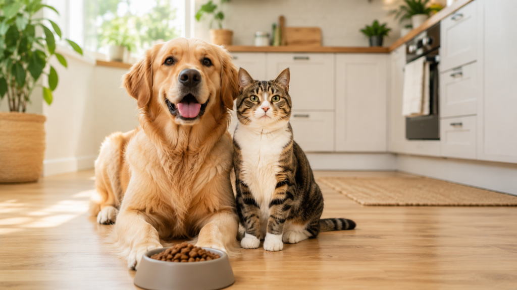 Perro y gato sanos junto a su comida adecuada en casa