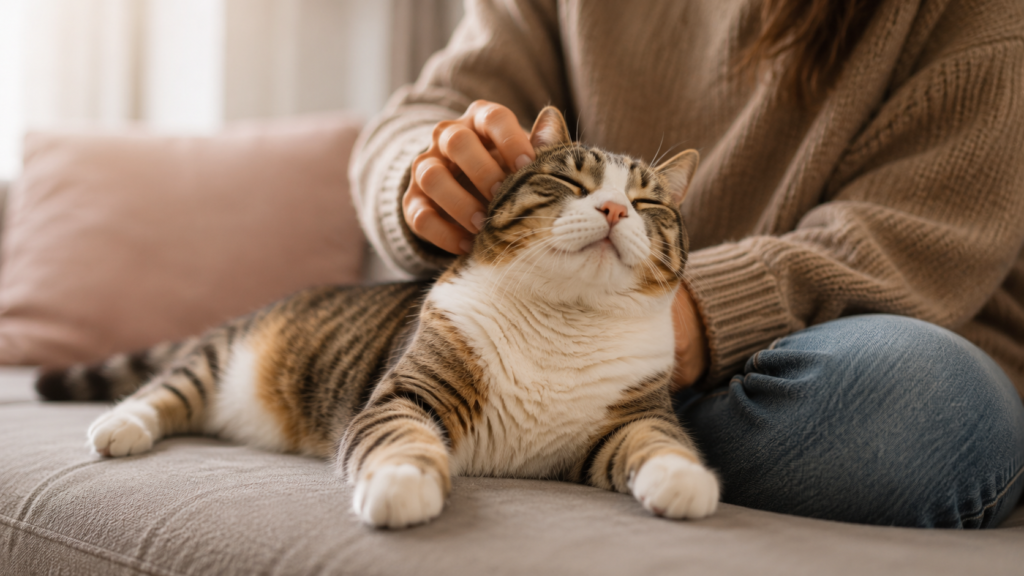 Gato feliz y relajado junto a su dueño