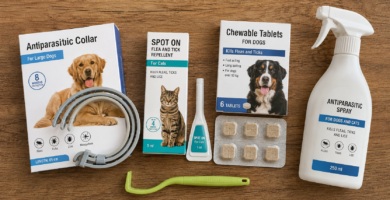Tipos de antiparasitario para perros y gatos: collar, pipeta, pastilla y spray