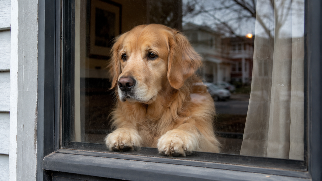 Perro solo en casa mirando por la ventana esperando a su dueño