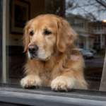 Perro solo en casa mirando por la ventana esperando a su dueño