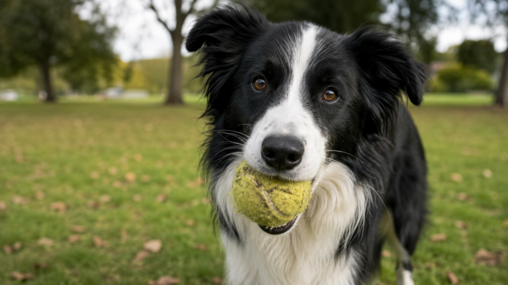 Pelotas de tenis para perros: perro mordiendo una pelota desgastada