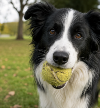 Pelotas de tenis para perros: perro mordiendo una pelota desgastada