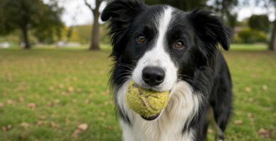 Pelotas de tenis para perros: perro mordiendo una pelota desgastada
