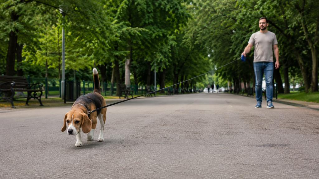 Correa retráctil para perros con el cordón extendido en el paseo