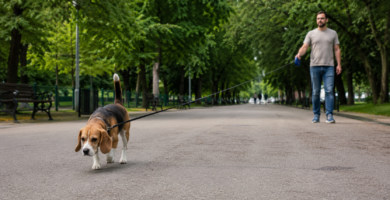 Correa retráctil para perros con el cordón extendido en el paseo