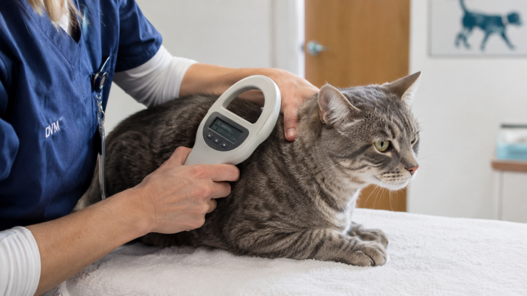 Censo obligatorio de gatos: lectura del microchip de un gato en el veterinario