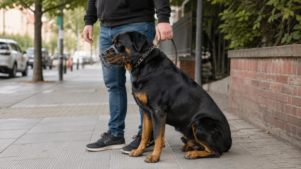Perros PPP: rottweiler con bozal y correa corta cumpliendo la normativa