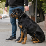 Perros PPP: rottweiler con bozal y correa corta cumpliendo la normativa