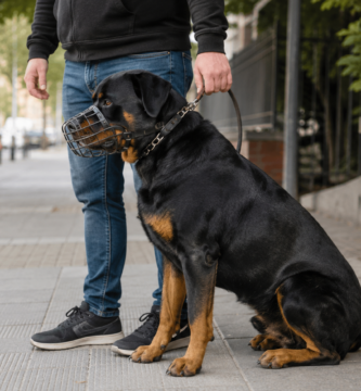 Perros PPP: rottweiler con bozal y correa corta cumpliendo la normativa