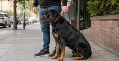 Perros PPP: rottweiler con bozal y correa corta cumpliendo la normativa