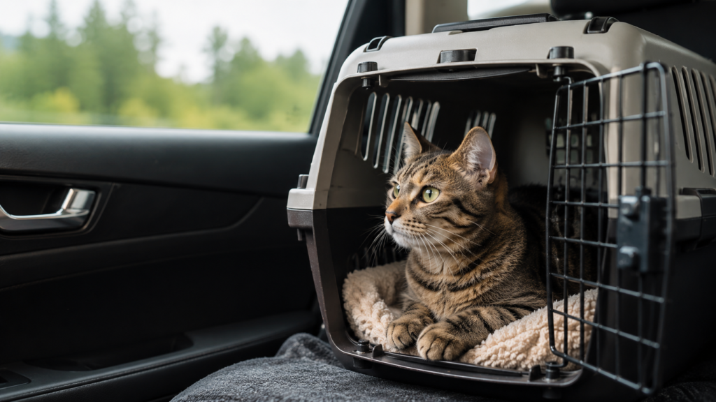 Gato en transportín preparado para viajar en coche