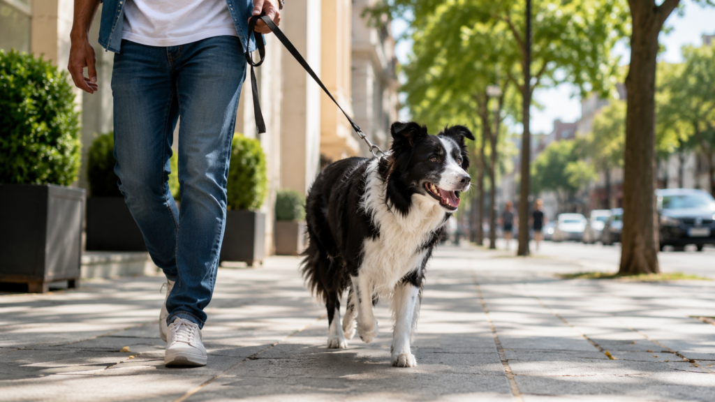 Perro paseando con correa cumpliendo la ley de bienestar animal