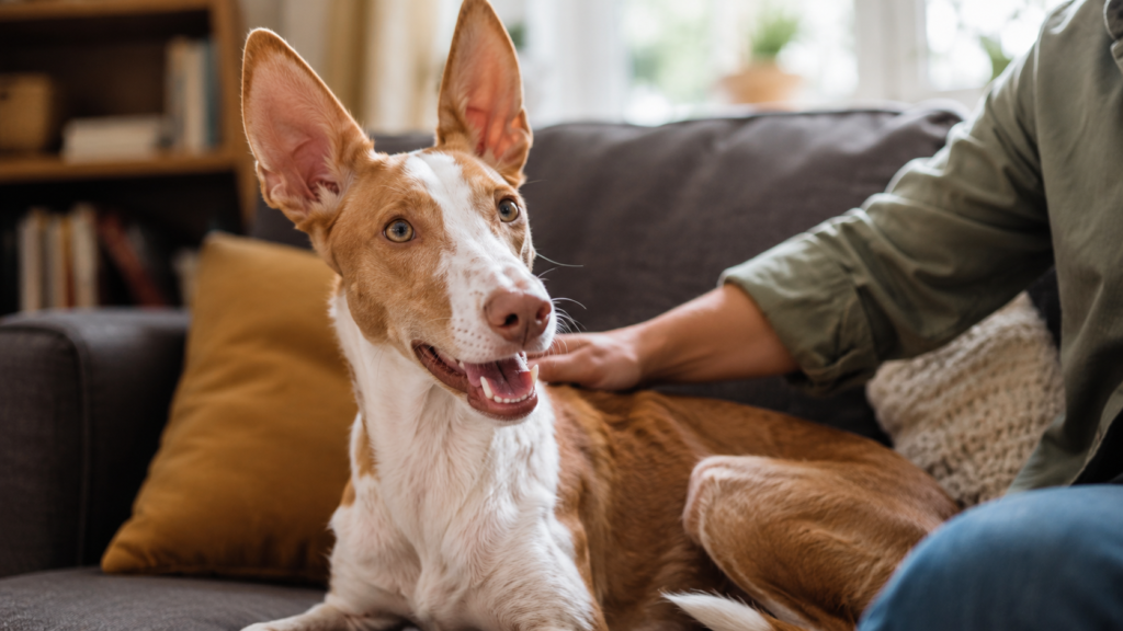 Podenco adoptado como perro de compañía en un hogar