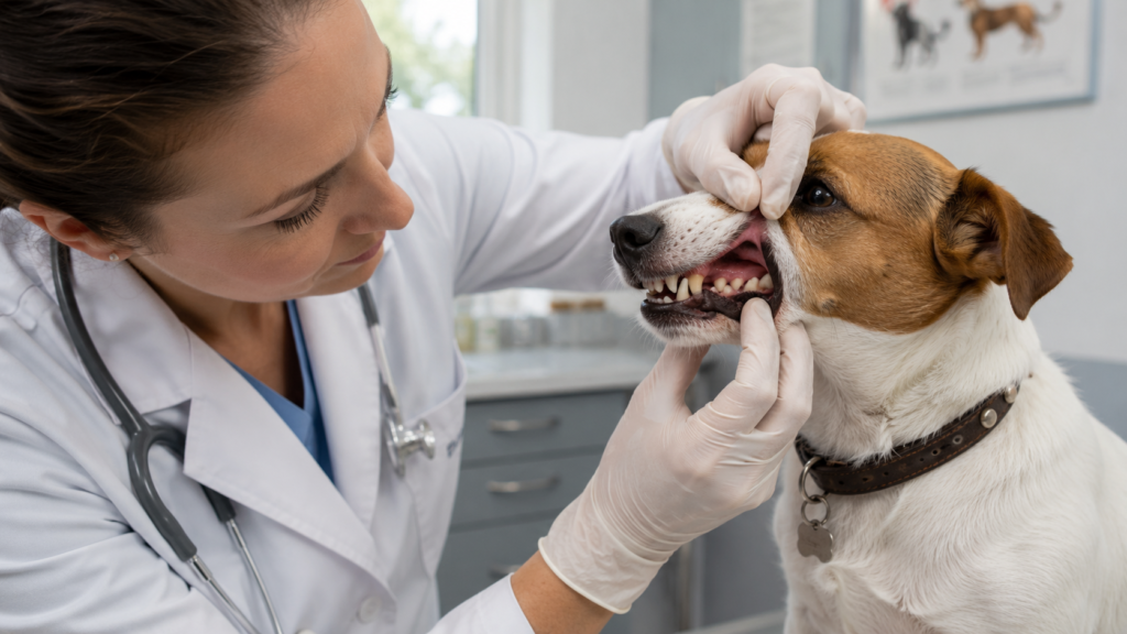 Veterinario revisando el desgaste dental de un perro