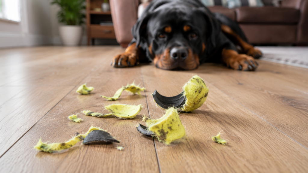 Pelota de tenis destrozada por un perro con riesgo de obstrucción