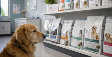 Pienso de veterinario en el estante de una clínica veterinaria