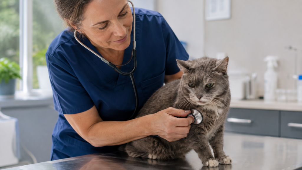 Revisión veterinaria de un gato senior mestizo