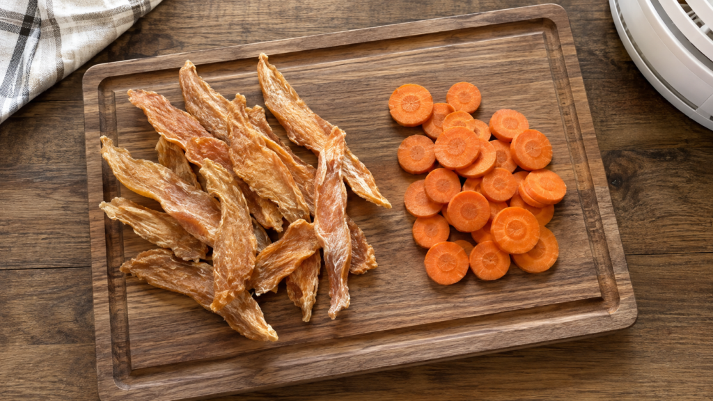 Snacks caseros para perros: pollo deshidratado y zanahoria