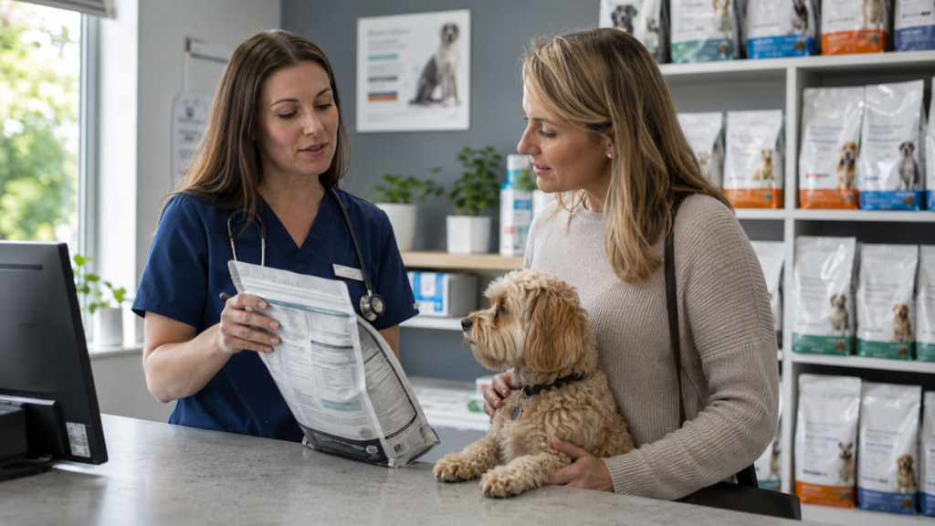Veterinario recomendando un pienso durante la consulta