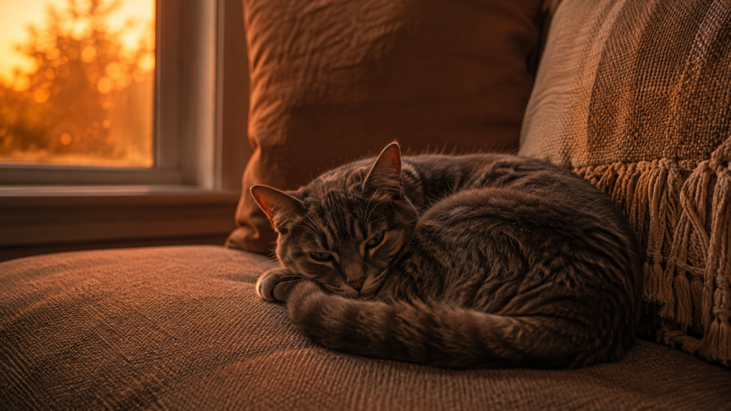 Gato tranquilo en casa durante el cambio de luz del eclipse